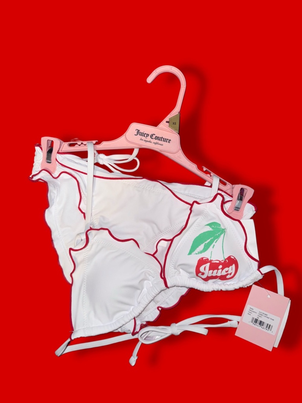 Juicy Couture White Bikini Top with Red Trim and Cherry Print